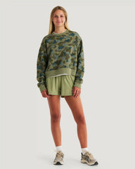 Women's Bamboo Northcoast Fleece Crew - Watercolor Camo Oil Green