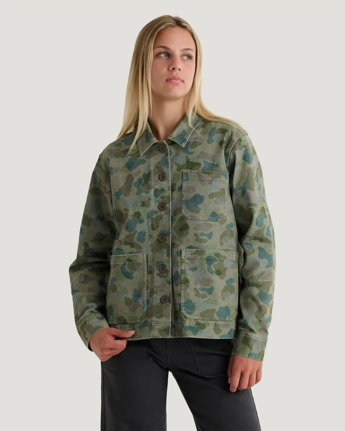 Women's Folly Twill Chore Coat - Watercolor Camo Oil Green